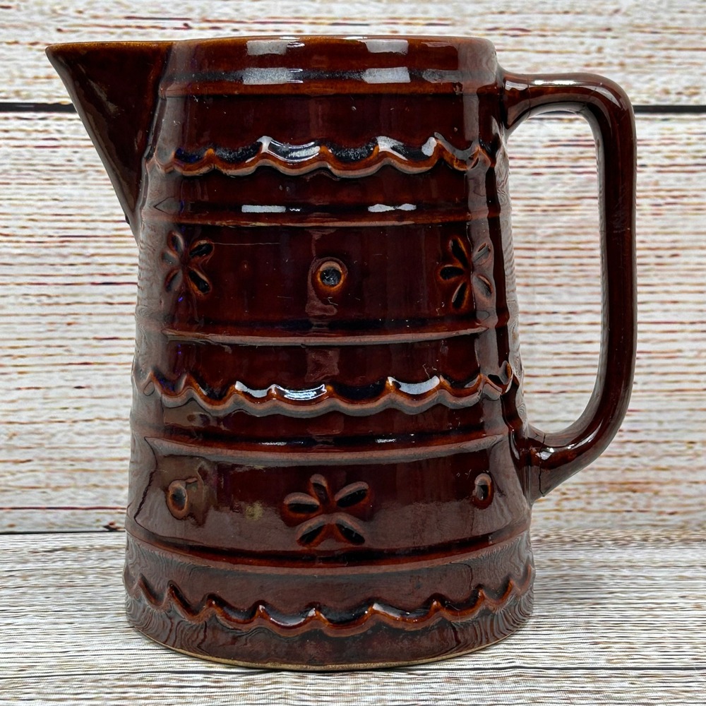 Vintage Mar-Crest Daisy and Dot Brown Stoneware Pitcher Oven‎ Proof USA 8 Inch